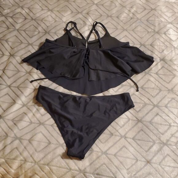 Black Two-Piece Swimsuit, Wireless Flounce Bikini Top Matching Bottom - Picture 2 of 6